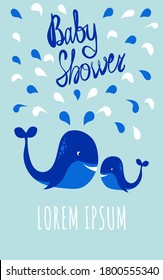 Baby shower vector  card. Cute children's background with whales and water drops.Invitation template.