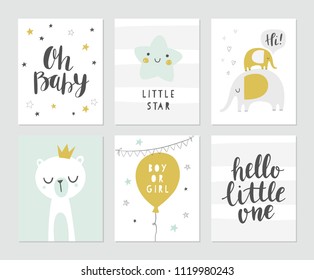 Baby shower vector card designs. Set of cute illustrations, elephants, bear, star, balloon, modern brush calligraphy phrases - oh baby, hello little one. Invitations, greeting card, posters.