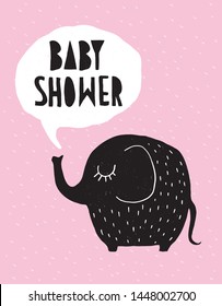 Baby Shower Vector Card with Funny Black Elephant  Isolated on a Pink Rainy Sky. White Bubble Cloud Over a Cute Baby Elephant. Lovely Nursery Art for Baby Girl Party Perfect for a Card, Invitation.