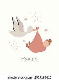 Baby Shower Vector Card With Funny White Stork Holding Big Pink Bag With Newborn Baby. Illustration For Children Bedroom. White Bird On A White Background.