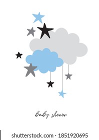 Baby Shower Vector Card with Gray and Blue Clouds and Blue, Gray and Black Stars Isolated on a White Background. Cute Nursery Art ideal for Card, Baby Boy Party Invitation. Fluffy Clouds and Stars.