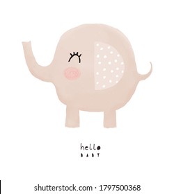 Baby Shower Vector Card. Light Brown Baby Elephant Isolated on a White Background. Hello Baby. Cute Baby Boy Party Invitation. Kid's Room Decoration.