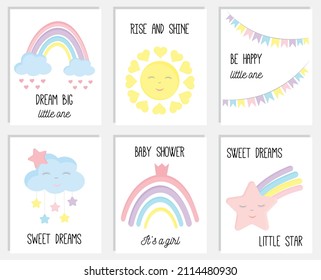 Tarjetas de vectores de ducha para bebés. Hola naipes con nube, arco iris, estrella y frases: sueña grande, pequeña estrella, hola bebé, sé feliz. Ilustración vectorial de color para fiesta de duchas de bebé, invitación de fiesta.