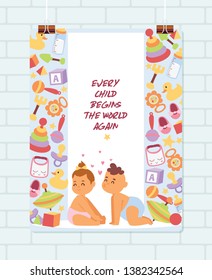 Baby shower vector cartoon kids newborn character boy girl playing with toys in playroom baby-shower banner backdrop children in love illustration on white background.