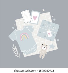 Baby Shower vector flat lay. Cute vector flat illustration for newborn