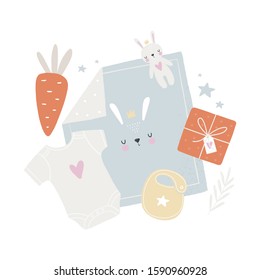 Baby Shower vector flat lay. Cute vector flat illustration for newborn