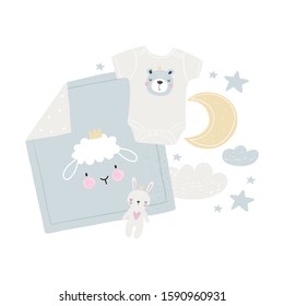 Baby Shower vector flat lay. Cute vector flat illustration for newborn