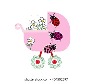 Baby shower vector greeting card. Baby stroller and ladybug vector background