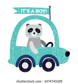 Baby shower vector illustration. It is a boy . Panda drives a car. Greeting card.