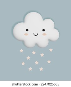 Baby Shower Vector Illustration with Cute Kawaii Cloud on a Light Blue Background. Fluffy Smiling Cloud and Rain of Stars. Sweet Nursery Art ideal for Card, Wall Art, Poster. Boys Room Decoration.