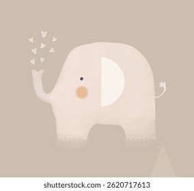 Bebê Chuveiro Vetor Ilustração de elefante bonito e fonte do coração. Elefante de bebê em um fundo bege. Mão desenhada viveiro arte ideal para cartão, arte de parede, cartaz. Impressão Neutra De Gênero Para Crianças. RGB 