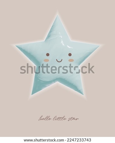 Baby Shower Vector Illustration with Cute Kawaii Style Blue Star on a Light Beige Background. Fluffy Smiling Star. Sweet Nursery Art ideal for Card, Wall Art, Poster. Boys Room Decoration.