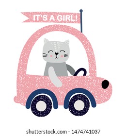 Baby shower vector illustration. It is a girl. Cat drives a car. Greeting card.
