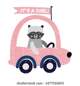 Baby shower vector illustration. It is a girl. Skunk drives a car. Greeting card.