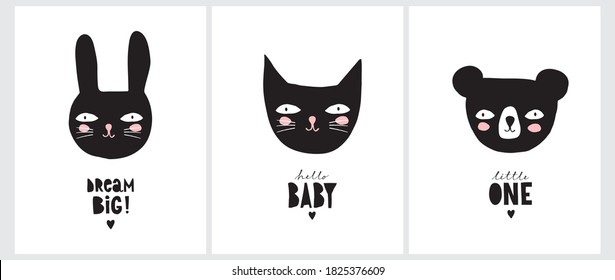 Set de Ilustración del Vector de Ducha para Bebés. Gato negro, conejo y oso aislado en un fondo blanco. Arte de guardería con animales divertidos, ideal para el arte mural, afiche, carta.