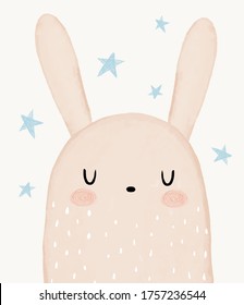 Baby Shower Vector Illustration with Sweet Dreamy Bunny. Lovely Beige Baby Rabbit and Blue Stars on a Light Beige Background. Baby Girl and Baby Boy Room Decoration. Watercolor Style Nursery Art.