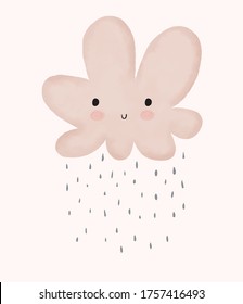 Baby Shower Vector Illustration with Sweet Fluffy Rainy Cloud. Beige Smiling Cloud and Gray Rain Drops Isolated on an Off-White Background. Baby Boy Room Decoration. Watercolor Style Kawaii Art.