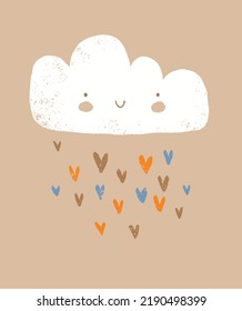 Baby Shower Vector Illustration with White Fluffy Cloud and Rain of Hearts on a Beige Background. Simple Infantile Style Grunge Nursery Art in Gender Neutral Colors ideal for Card, Poster, Wall Art.