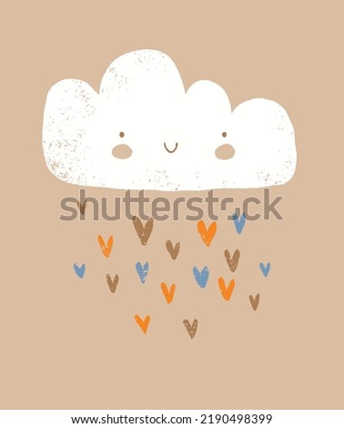 Baby Shower Vector Illustration with White Fluffy Cloud and Rain of Hearts on a Beige Background. Simple Infantile Style Grunge Nursery Art in Gender Neutral Colors ideal for Card, Poster, Wall Art.