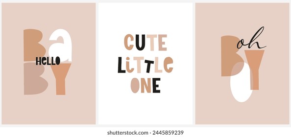 Baby Shower Vector Illustrations. Hello Baby. Cute Little One. Oh Boy. Cute Handwritten Slogans ideal for Card, Wall Art, Baby Boy Welcome Party. Kids' Room Decoration. Hand Drawn Nursery Art. RGB.