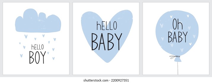 Baby Shower Vector Illustrations ideal for Card. Poster. Hello Boy. Blue Fluffy Cloud with Rain of Hearts, Blue Big Heart, Air Balloon with Heart Print on a White Background. Hello Baby. Oh Baby.