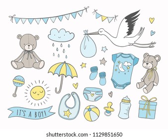 Baby shower vector illustrations set. Hand drawn newborn boy items and elements. Invitations, cards, nursery decor. 