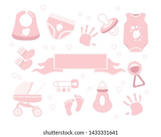 Baby shower vector illustrations set. Cute newborn girl items and elements for invitations  and cards.