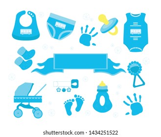 Baby shower vector illustrations set. Cute newborn boy items and elements for invitations  and cards.