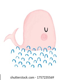 Baby Shower Vector Illustratiopn with Sweet Dreamy Whale. Lovely Big Pink Whale Swimming Among the Blue Abstract Waves. Baby Girl Room Decoration. Watercolor Style Nursery Vector Art.