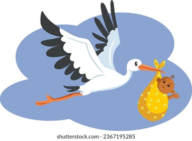 
Baby Shower Vector Invitation Card with stork Carrying a Newborn. Kid being born vector card announcement design 
