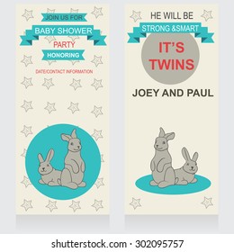 Baby shower vector invitation, template. Illustration of twins bunnies. Baby shower invitation, template. Illustration of twins bunnies with flags, marine decorations.