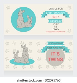 Baby shower vector invitation, template. Illustration of twins bunnies.