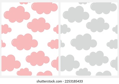Baby Shower Vector Seamless Patterns with Pastel Pink and Light Gray Clouds on a White Background. Fluffy Clouds on a Sky. Sweet Nursery Print ideal for Fabric, Textile, Wrapping Paper. 