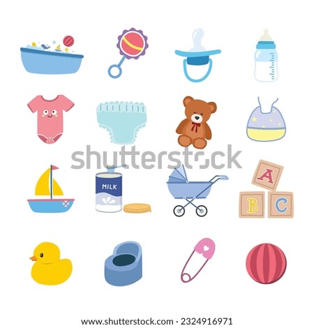 Baby shower vector set. Bathtub, rattle, pacifier, baby bottle, diaper, toys, carriage, milk formula, potty, safety pin clipart cartoon style, flat design