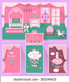 Baby Shower Vector Set with children room interior, furniture and three greeting designs