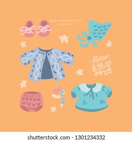 Baby shower vector set. Classic apparel for infants - icons. 
Illustration made in doodle style, colourful background. Newborn Baby vintage clothes collection.