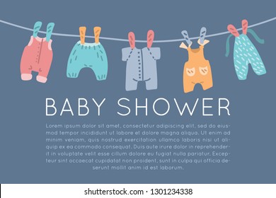 Baby shower vector set. Classic apparel for infants - icons. 
Illustration made in doodle style, colourful background. Newborn Baby vintage clothes collection.