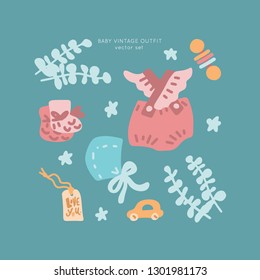 Baby shower vector set. Classic apparel for infants - icons. 
Illustration made in doodle style, colourful background. Newborn Baby vintage clothes collection.