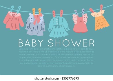 Baby shower vector set. Classic apparel for infants - icons. 
Illustration made in doodle style, colourful background. Newborn Baby vintage clothes collection.