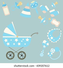 Baby shower vector set of design elements. Retro or vintage baby shower set in a flat style. 