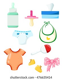 Baby shower vector set of design elements. Cute greetings card with icons of babies and toys in flat design style.