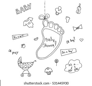 Baby Shower. Vector set of design elements. Doodle sketch. Vector illustration on white background
