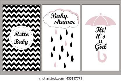 Baby shower vector set invitation template for girls. Hello Baby! Hi! It`s my girl! Vector illustration chevron disign