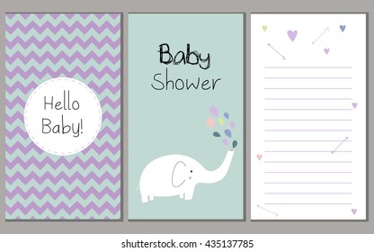 Baby shower vector set invitation template for girls or boys with elephant. Vector illustration chevron disign.