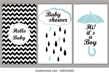Baby shower vector set invitation template for boys. Hello Baby! Hi! It`s myboy! Vector illustration chevron disign.