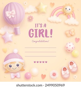 Baby shower vector square greeting card, invitation or web banner with cartoon 3d girl, rainbow, hot air balloon, balloons and flowers on beige background. It's a girl