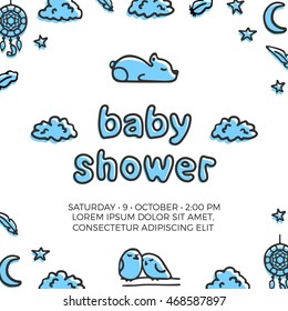 Baby shower vector template with cute sleeping bear and a couple of birds. Doodle illustrations and lettering