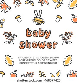 Baby shower vector template with cute doodle rabbit. Autumn leaves and berries. Orange maple and oak leaves