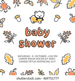 Baby shower vector template with cute doodle bear. Autumn leaves, berries, mushrooms, acorns. Maple and oak leaves
