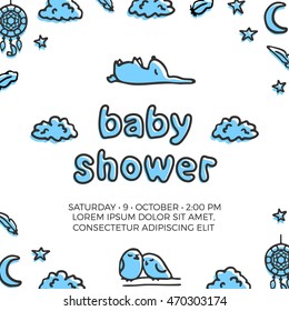 Baby shower vector template with cute sleeping rabbit and a couple of birds. Doodle illustrations and lettering